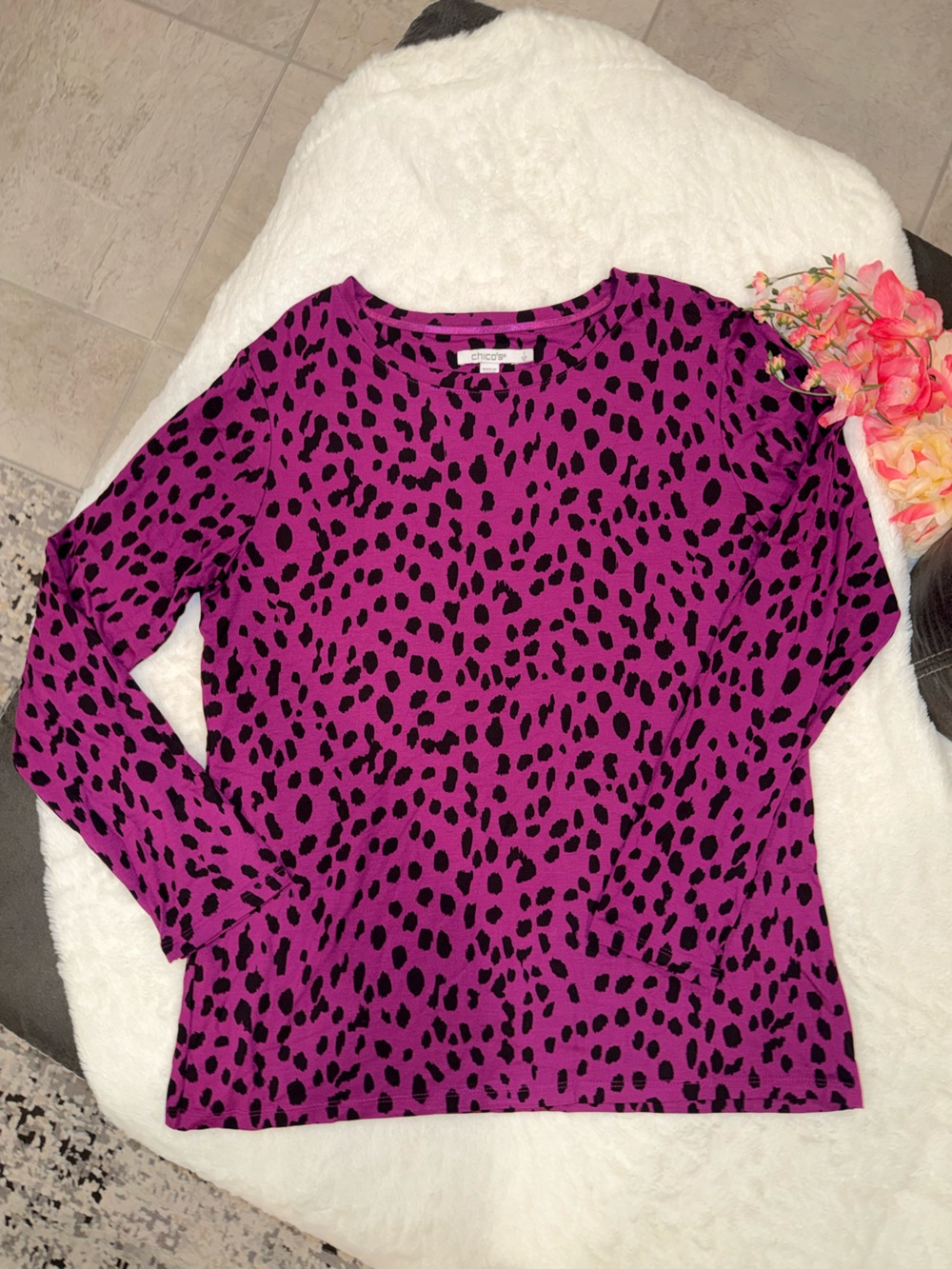 2 x 20$ Chico's Purple and Black Leopard Print Long Sleeve Top Size M